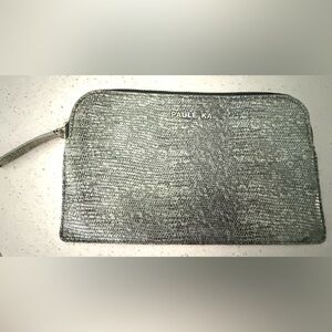 Paule Ka Leather Pouch Clutch Bag Green Gray Silver Zip Closure